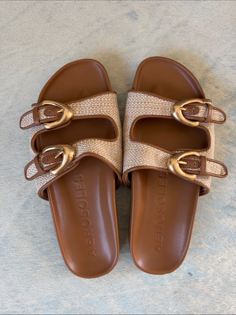 AEROSOLES Brown and Cream Woven Double-Buckle Slide Sandals